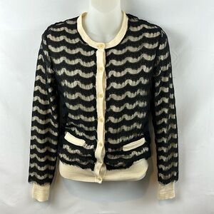Trina‎ Turk Eyelash Lace Overlay Black Cream Merino Wool Cardigan Sweater Size P